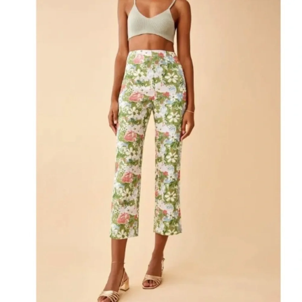 Reformation Petite Pinegrove Green Floral 100% Linen Cropped Pants
